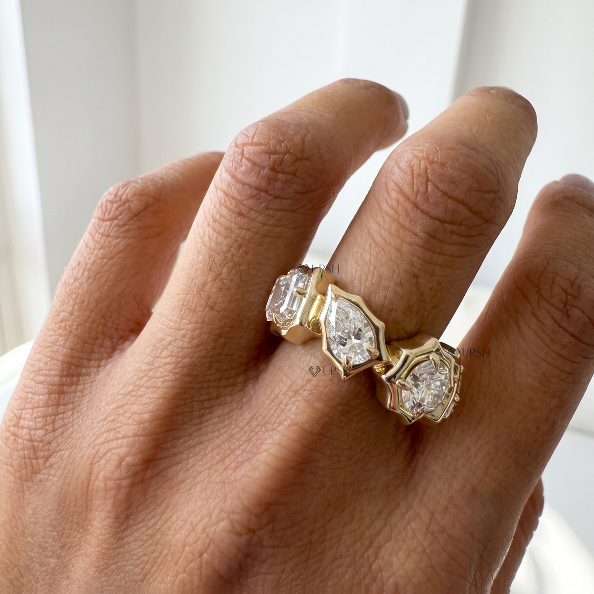 Natural light reflection on mixed cut lab grown diamond wide gold band