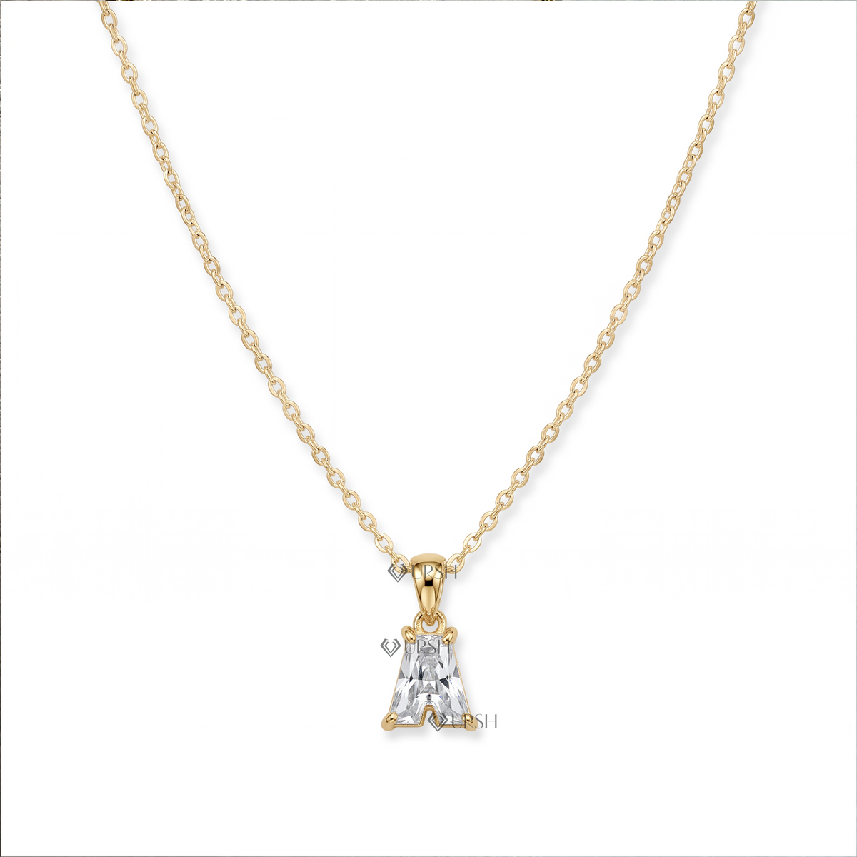 Solid yellow gold letter A custom diamond initial pendant necklace featuring a custom-cut lab-grown diamond initial charm on a delicate chain