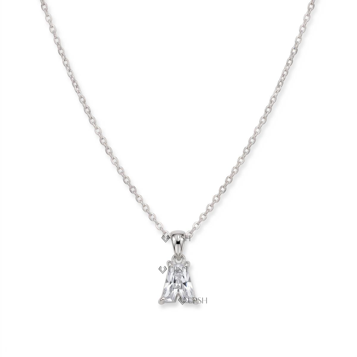 Solid white gold letter A custom diamond initial pendant necklace displayed on clean white background