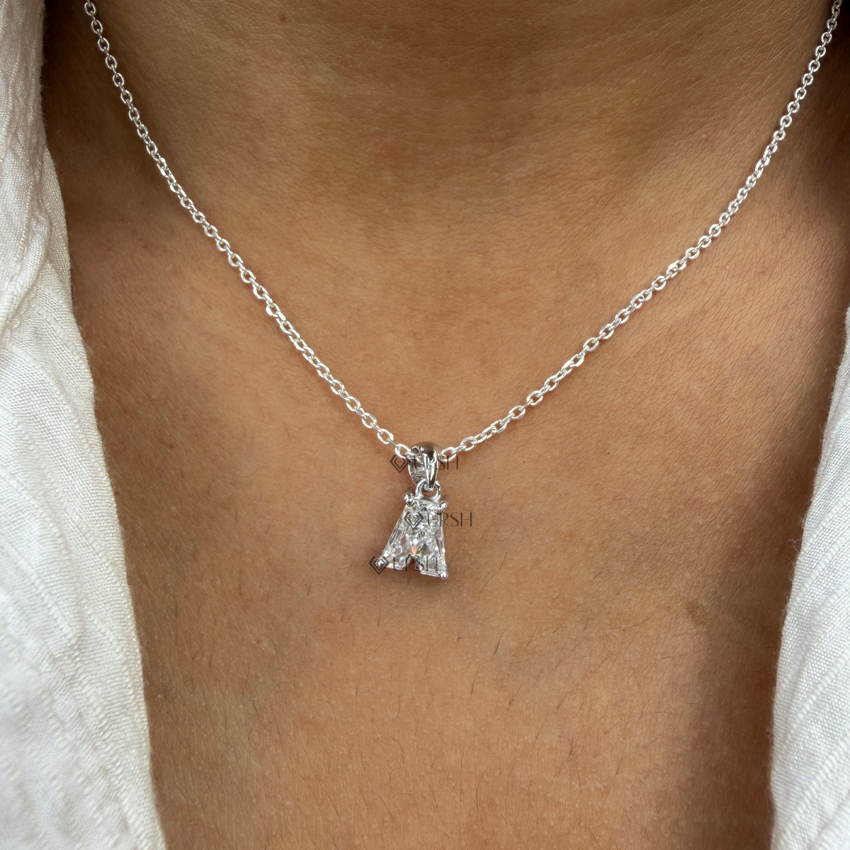 Daylight perspective view of white gold custom letter diamond pendant necklace worn on neck