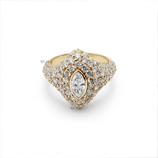 Bezel set marquise diamond pinky ring with micro pave rhobmus shield in yellow gold.