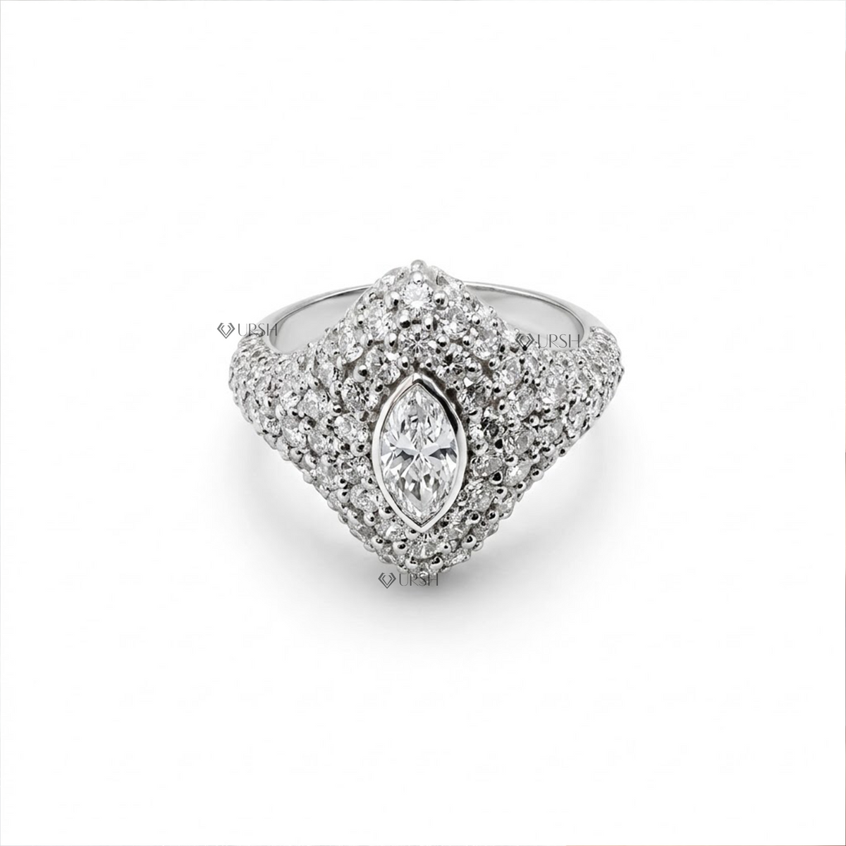 White gold micro pave diamond signet ring featuring a bezel set marquise center stone.