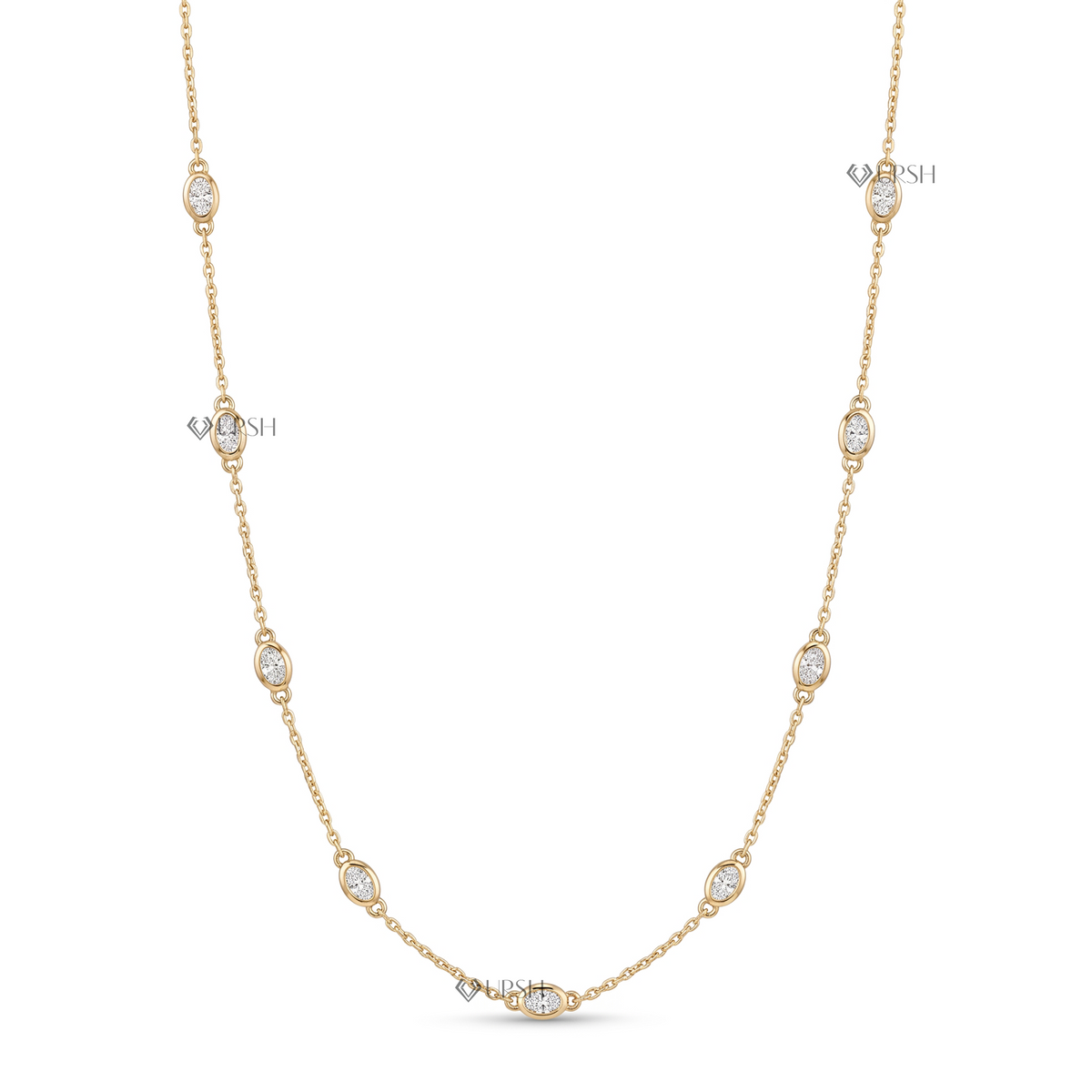 Solid yellow gold station necklace featuring oval-shaped bezel cluster stations set with lab-grown diamonds along a delicate cable chain