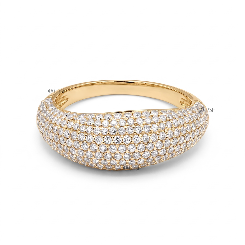Diamond Pave Wave Dome Ring Asymmetric Croissant Statement Band