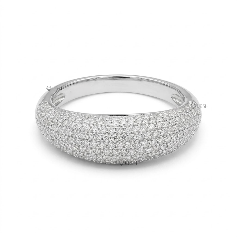 Diamond Pave Wave Dome Ring Asymmetric Croissant Statement Band