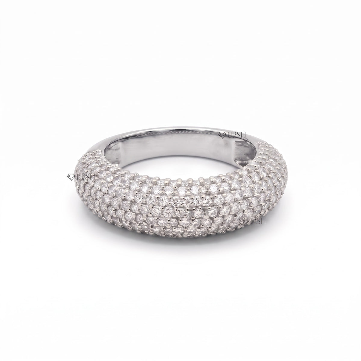 Solid white gold full pavé dome statement ring featuring dense multi-row round brilliant lab-grown diamonds