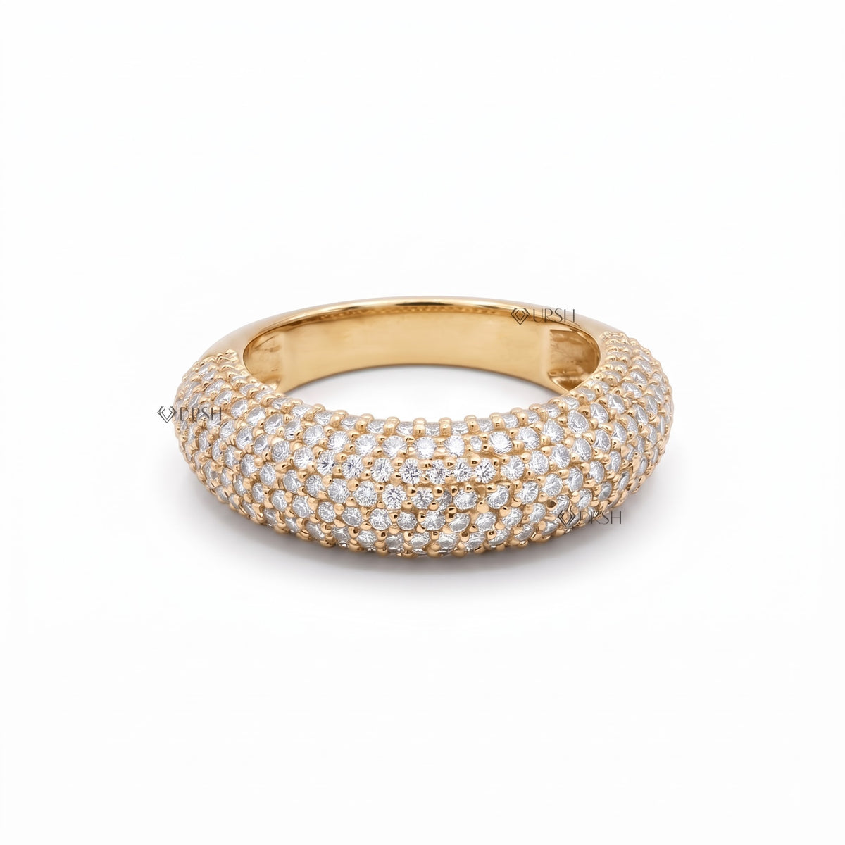 Solid yellow gold multi-row pavé domed cocktail band on clean white background
