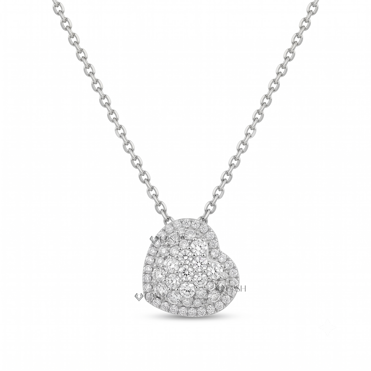 Solid white gold pavé diamond heart cluster pendant necklace displayed on clean white background