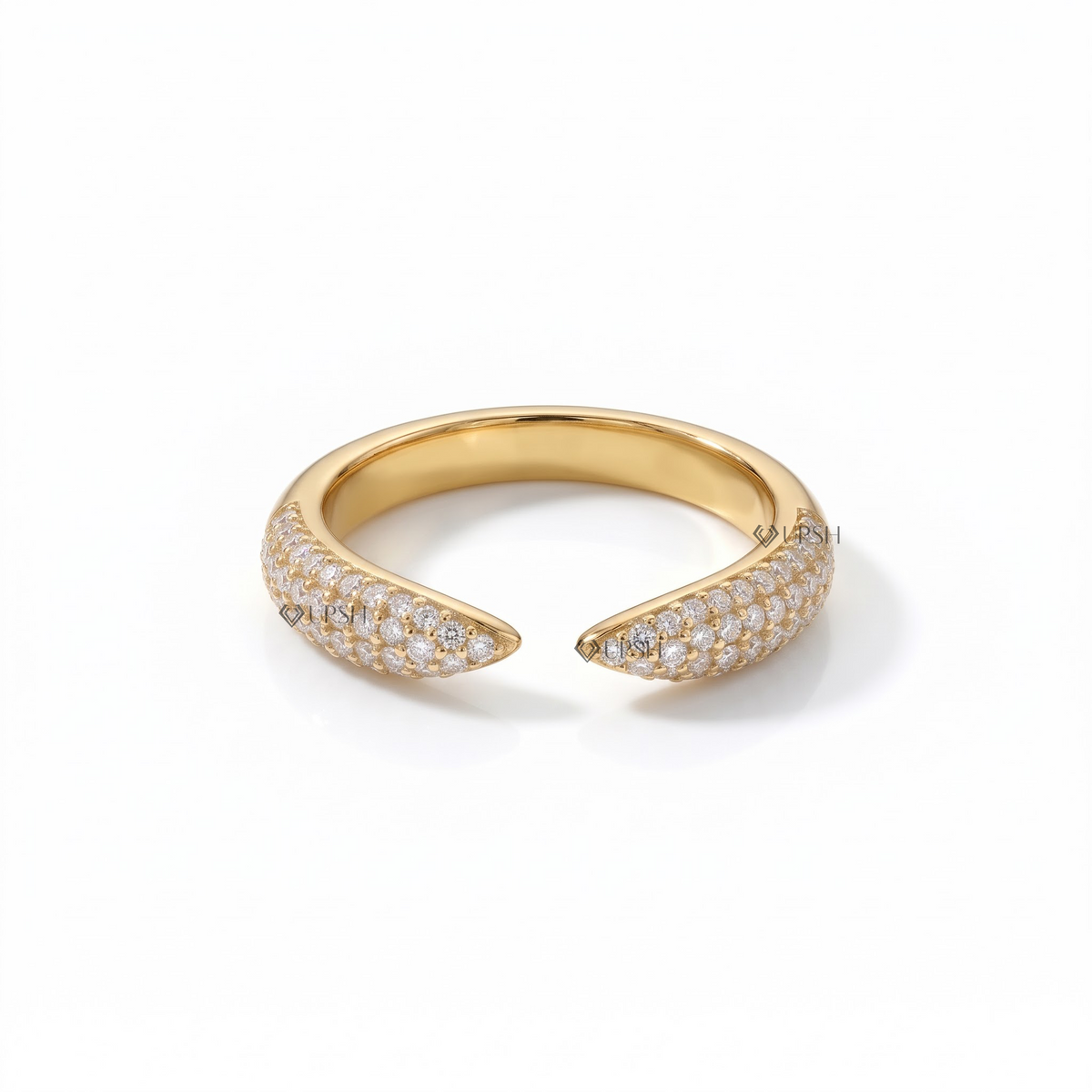 Solid yellow gold pavé diamond open gap statement ring featuring tapered bypass terminals with micro-pavé set stones