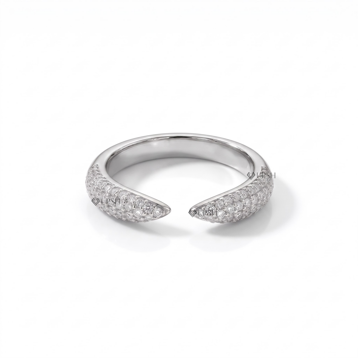 Solid white gold open gap bypass statement ring with pavé diamond terminals on clean white background