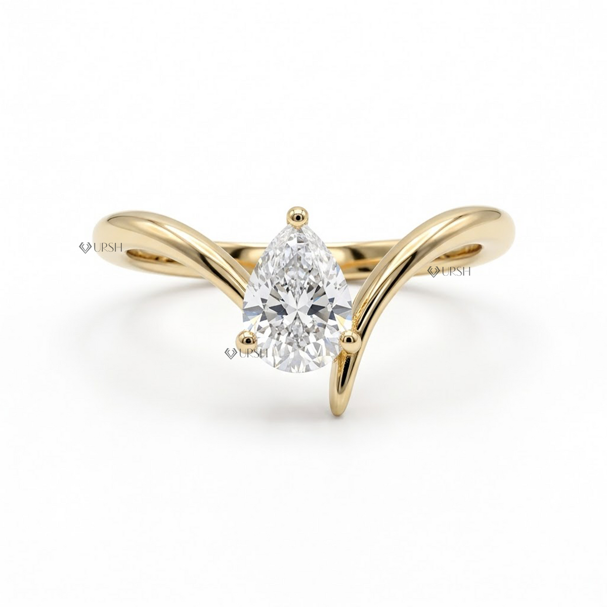 Solid yellow gold pear diamond curved wishbone solitaire engagement ring
