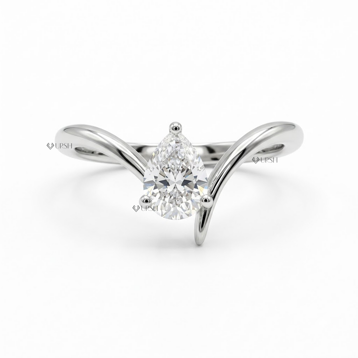 Solid white gold asymmetrical V-contour solitaire ring featuring pear cut lab grown diamond