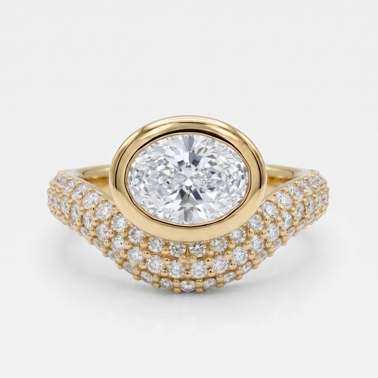 East-West Oval Cut Diamond Bezel Curved Pave Engagement Ring