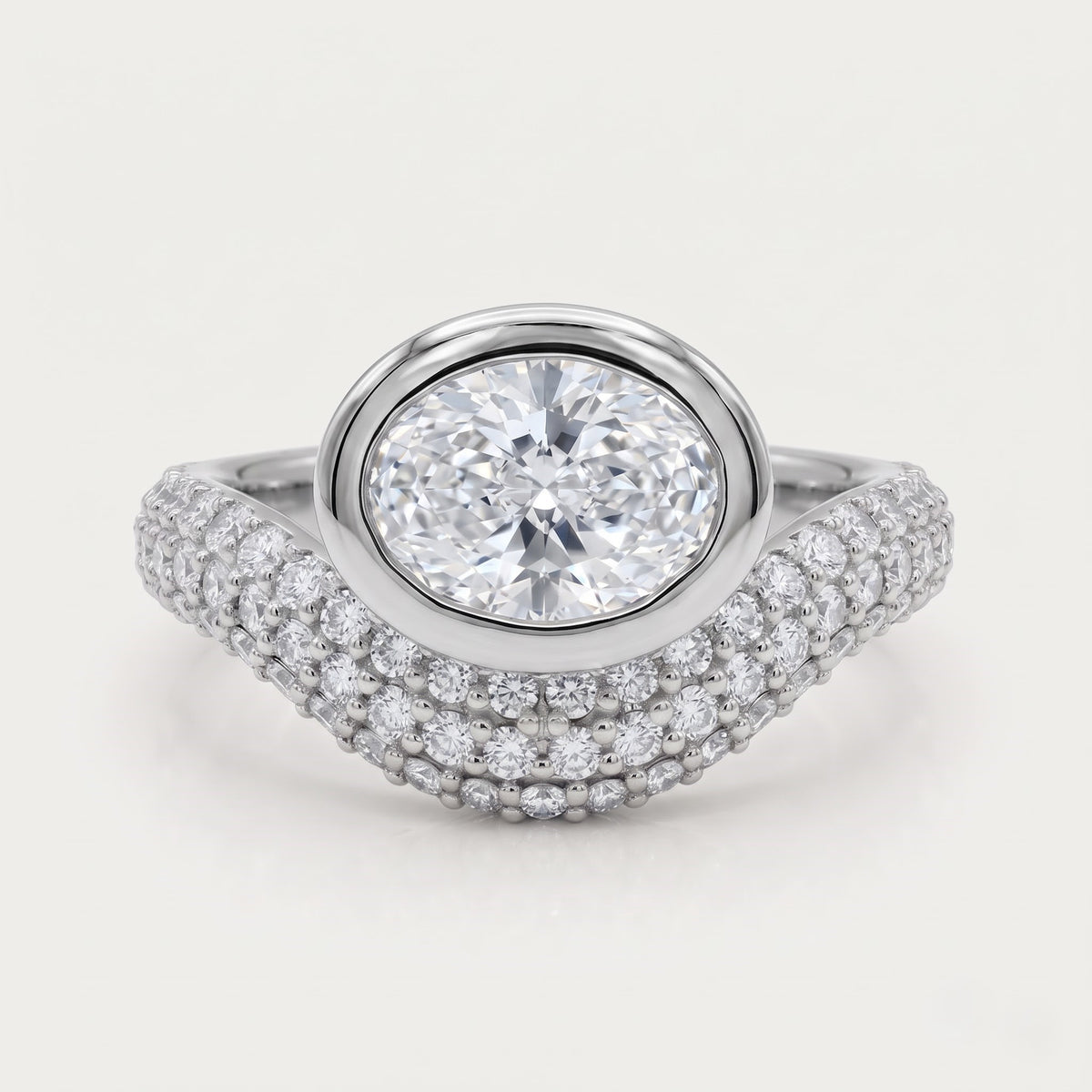 East-West Oval Cut Diamond Bezel Curved Pave Engagement Ring