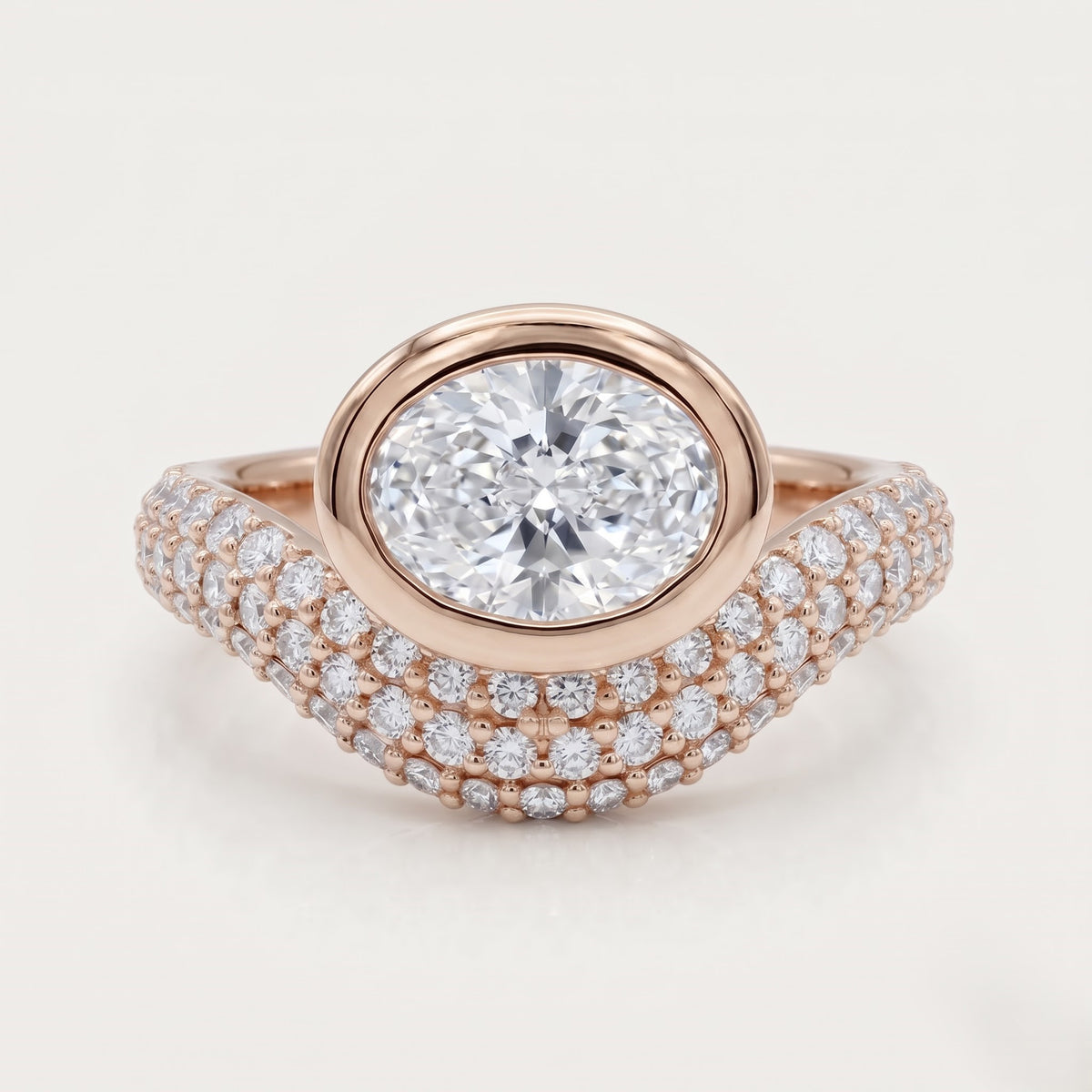 East-West Oval Cut Diamond Bezel Curved Pave Engagement Ring