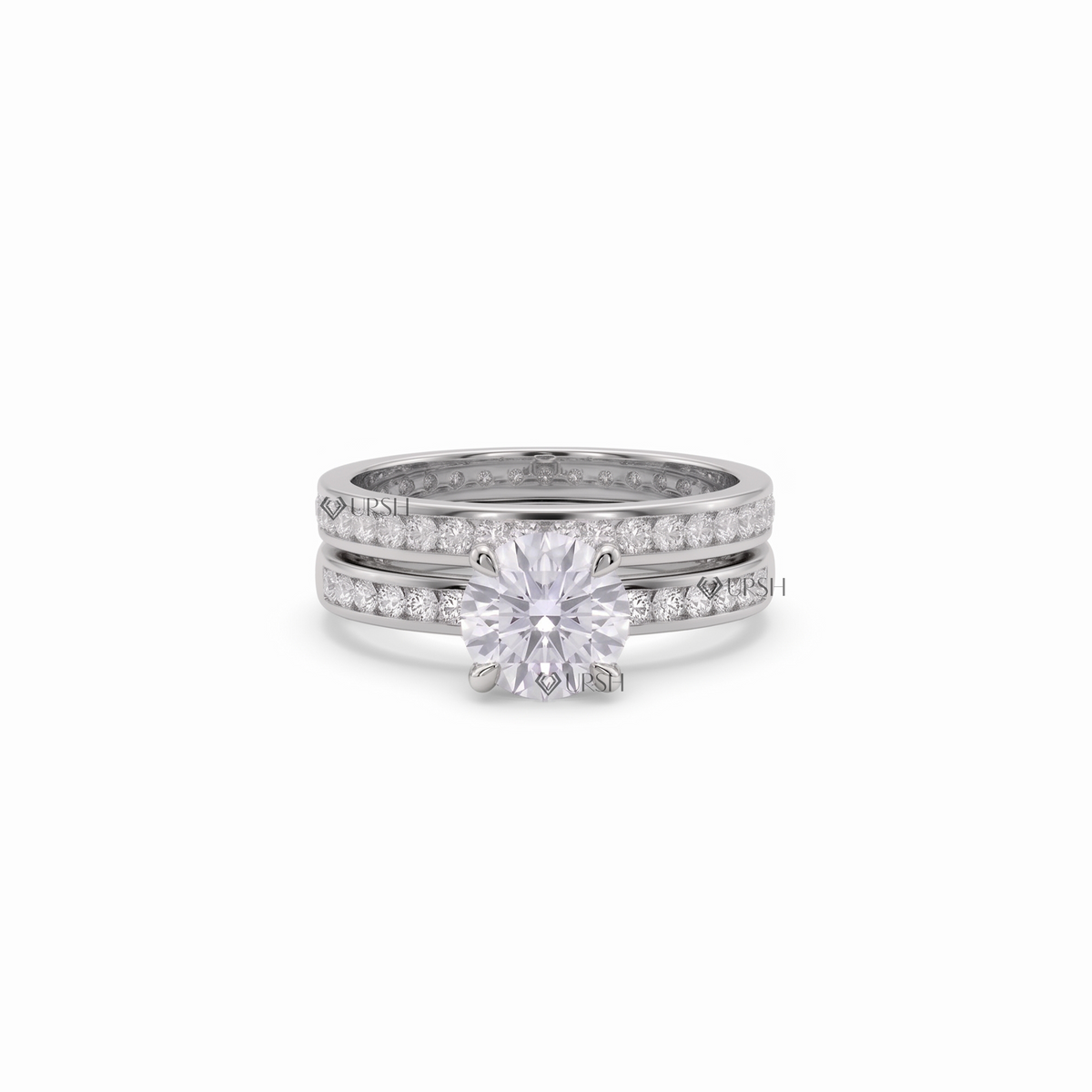 A silver-toned diamond ring set featuring a large round-cut center stone in a four-prong setting, flanked by two rows of pavé-set round diamonds on the band, shown on a white background.