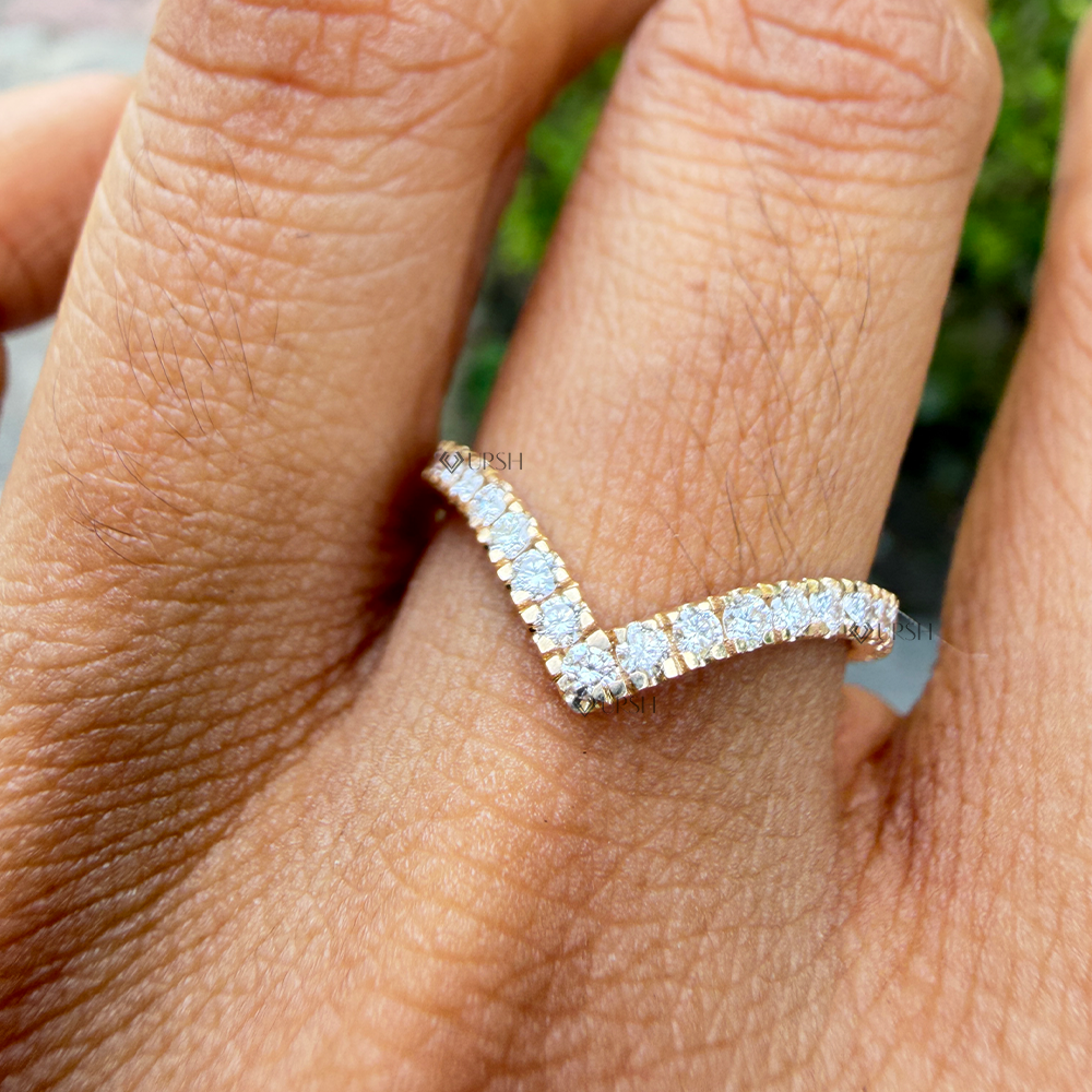 Pointed diamond chevron band styled on ring finger showcasing sparkle and fit