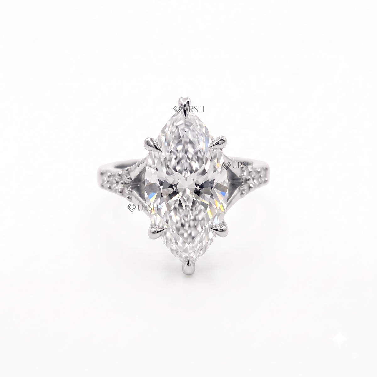 Solid white gold vintage art deco marquise lab diamond engagement ring with diamond accents