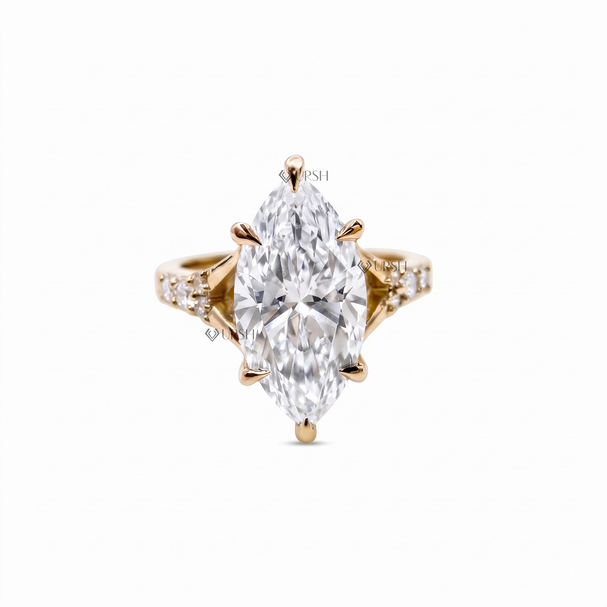 Solid yellow gold vintage marquise lab grown diamond engagement ring with flared pavé shoulders