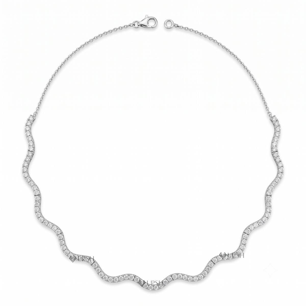 Solid white gold wavy diamond tennis chain necklace displayed on clean white background